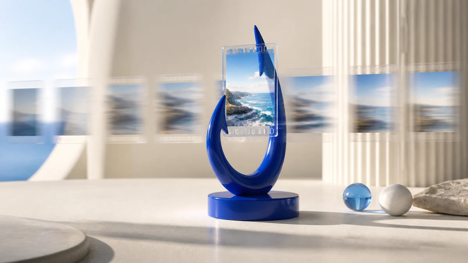 A blue sculptural hook catching one frame from a moving film strip.