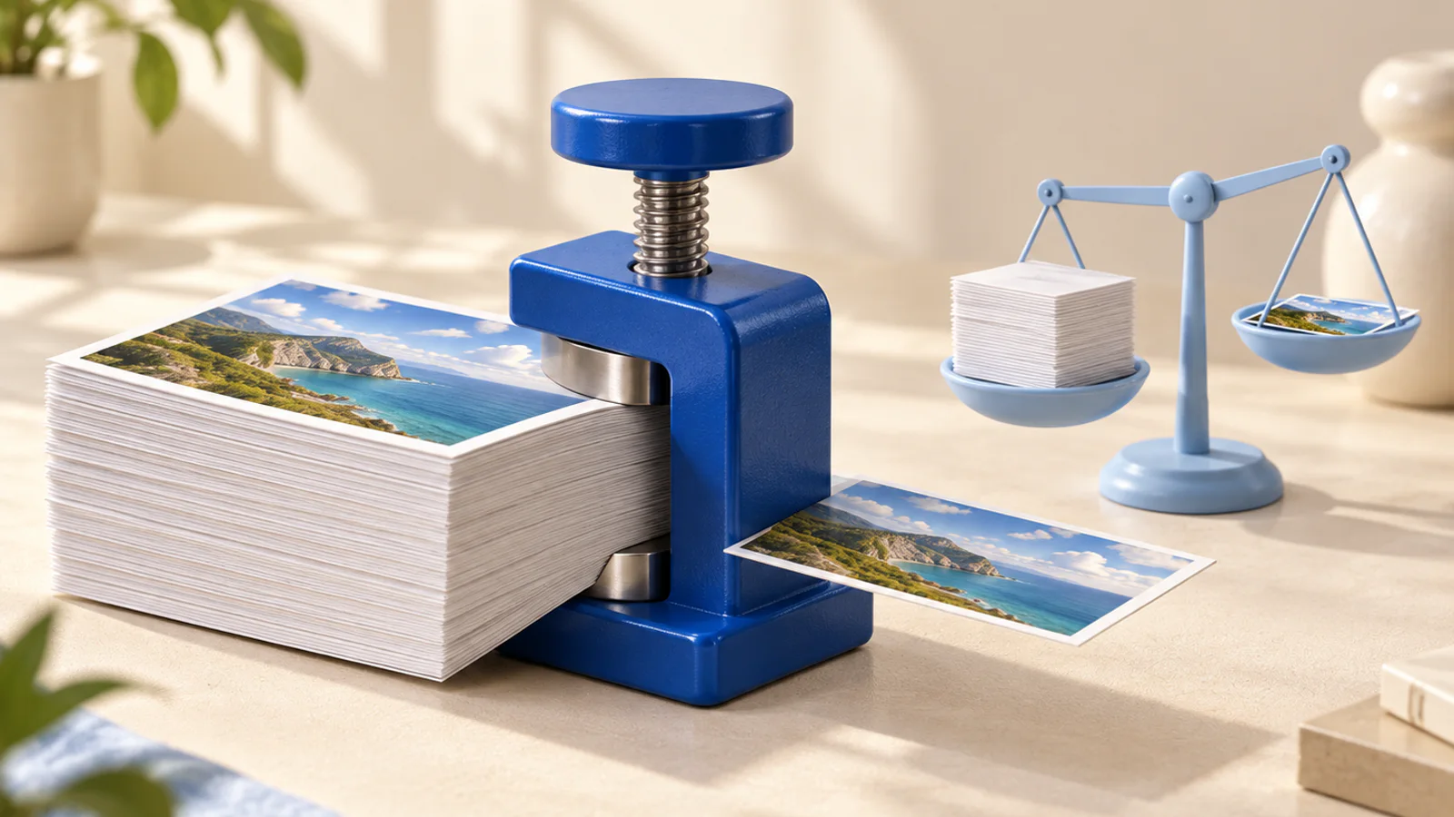 A blue clamp turning a heavy stack of photographs into one light card.