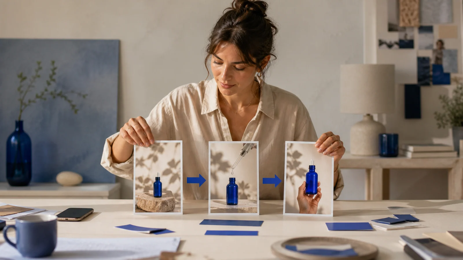 A creator arranging three product-video storyboard frames.