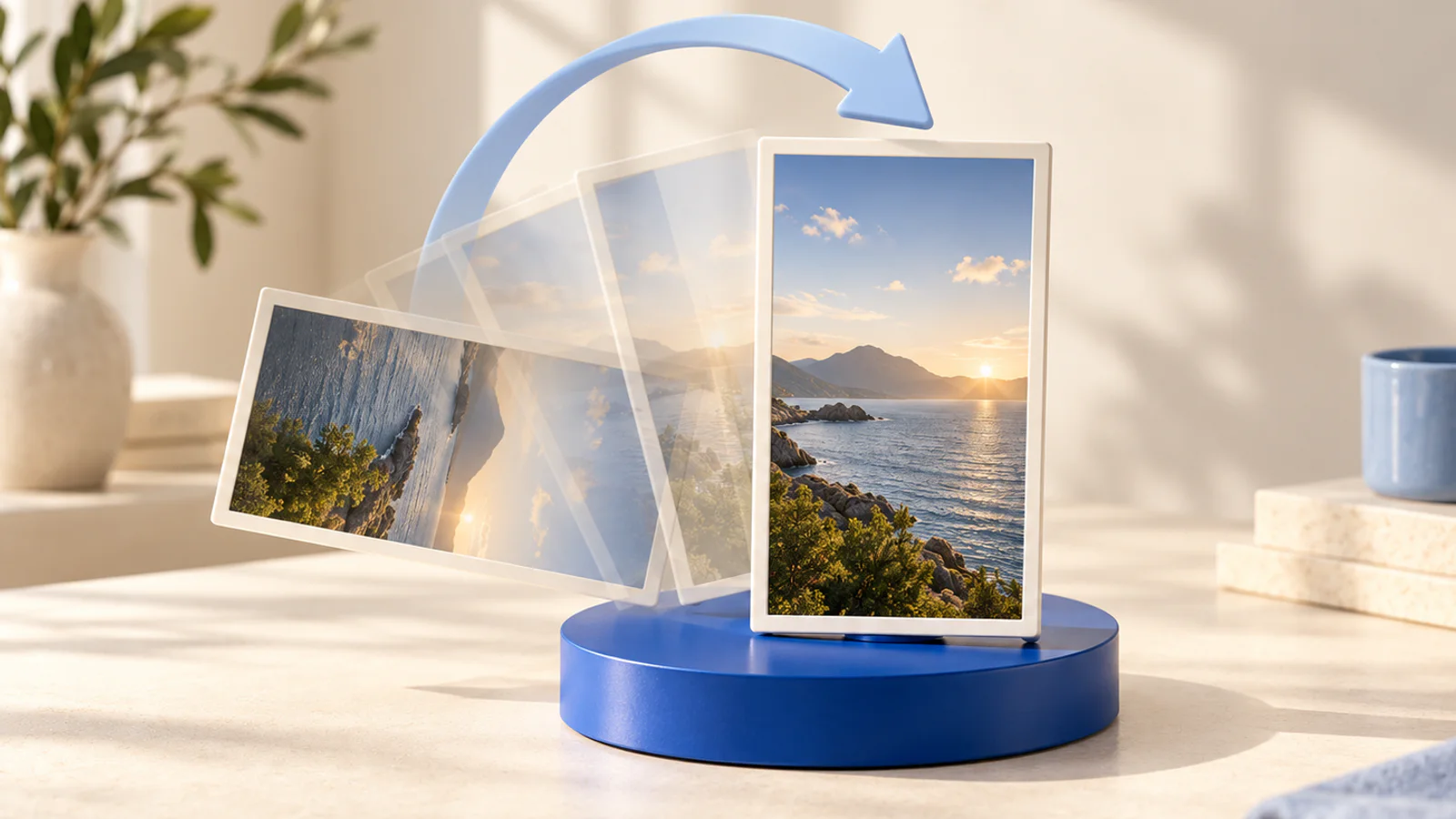 A turntable rotating a sideways photograph into an upright frame.