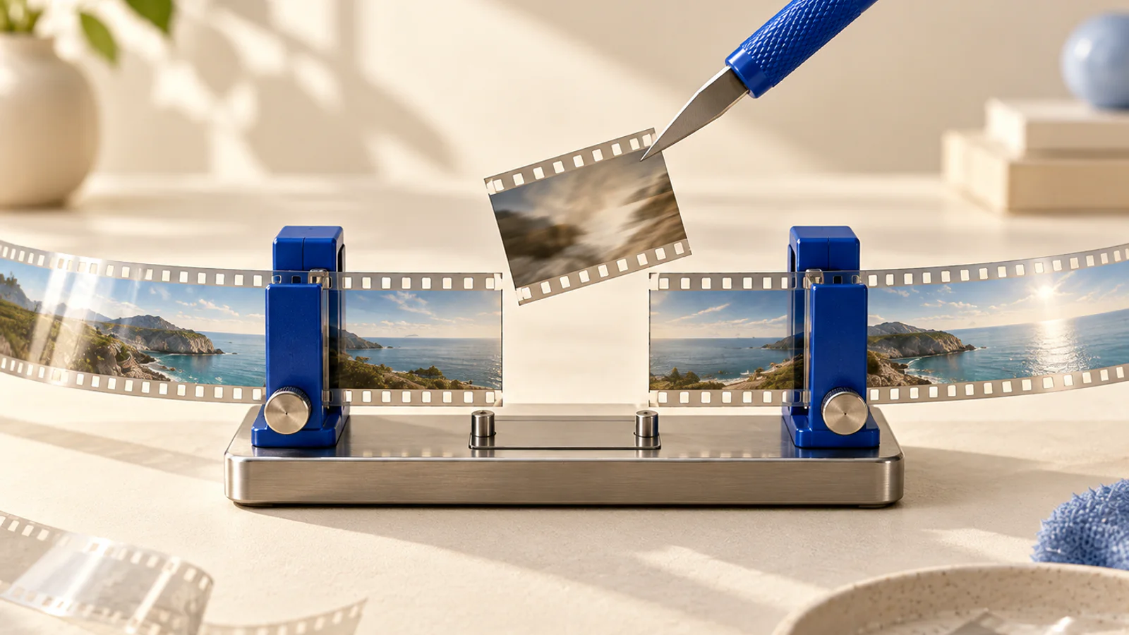A precision blade removing one section from the middle of a film ribbon.