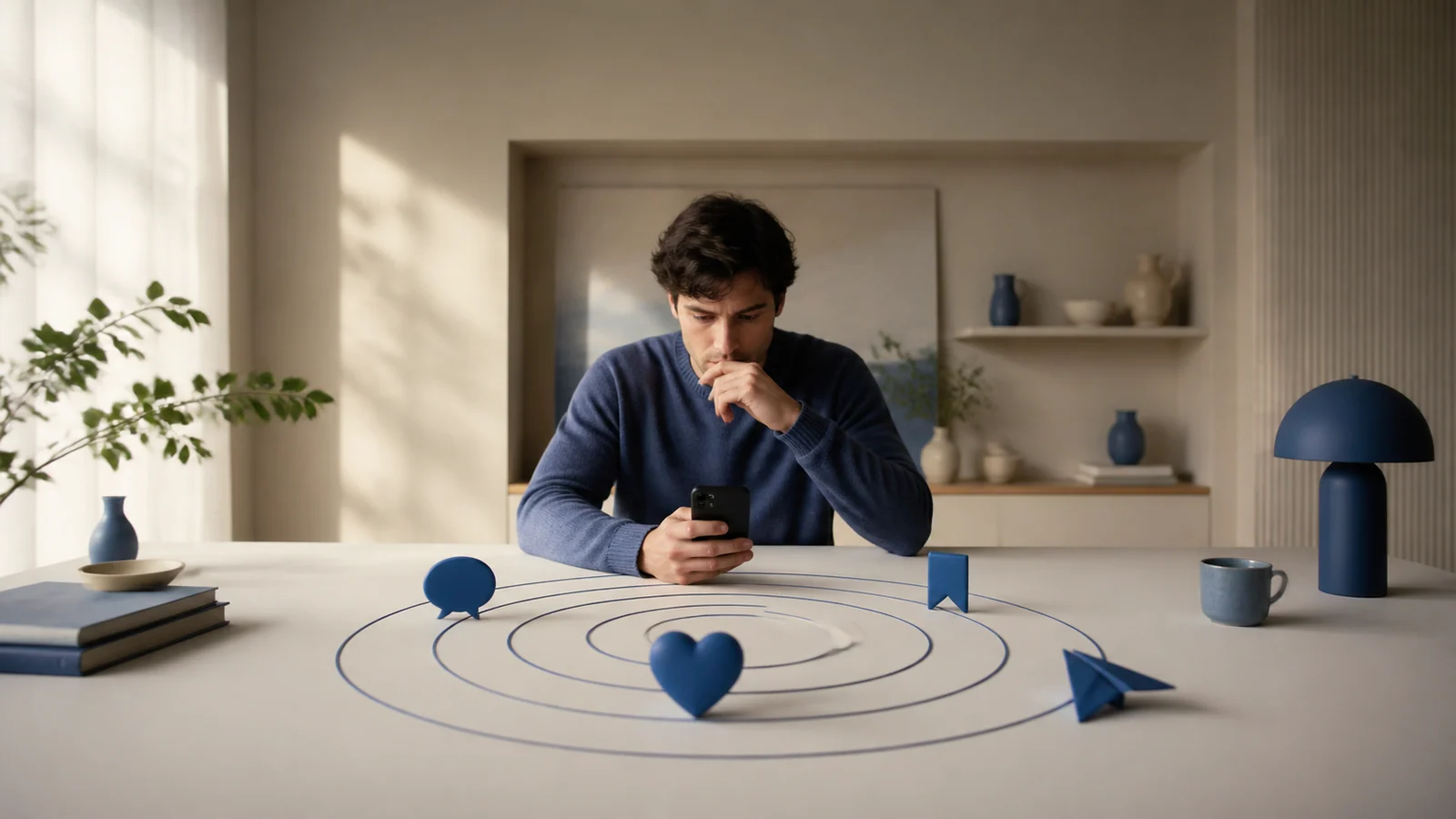 A creator studying a phone surrounded by engagement symbols.