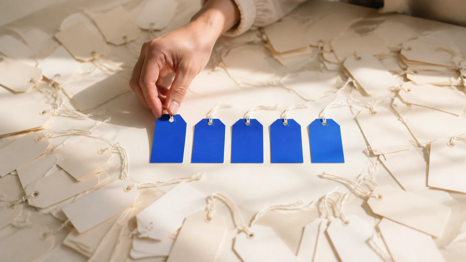 Five blue tags selected from a crowded field of blank paper tags.