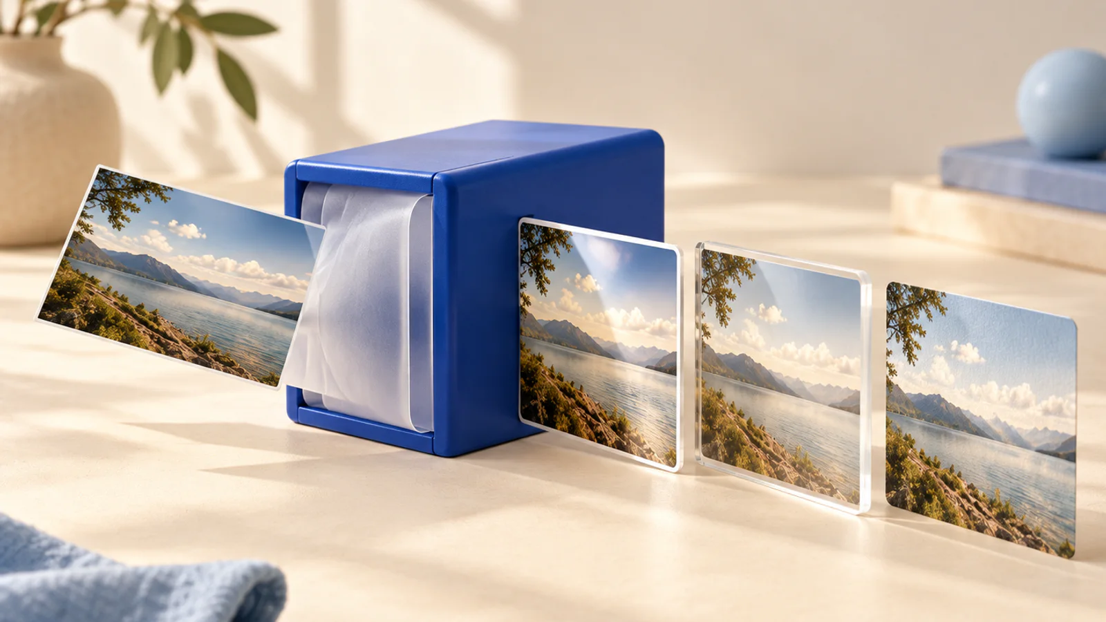 One photograph emerging from a blue station in three different materials.