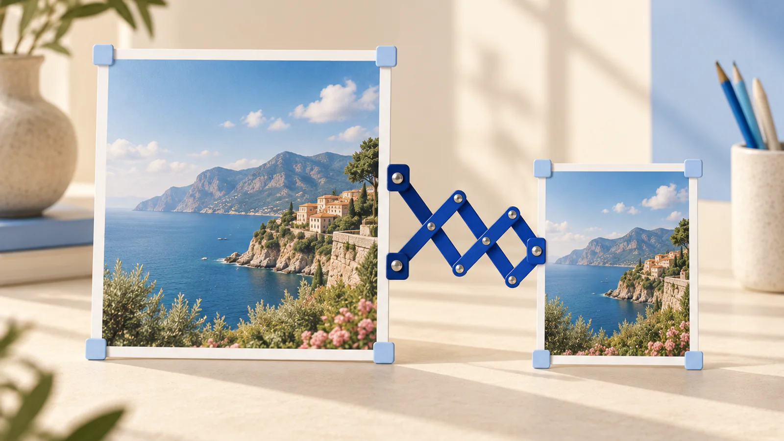 A pantograph connecting large and small copies of the same photograph.