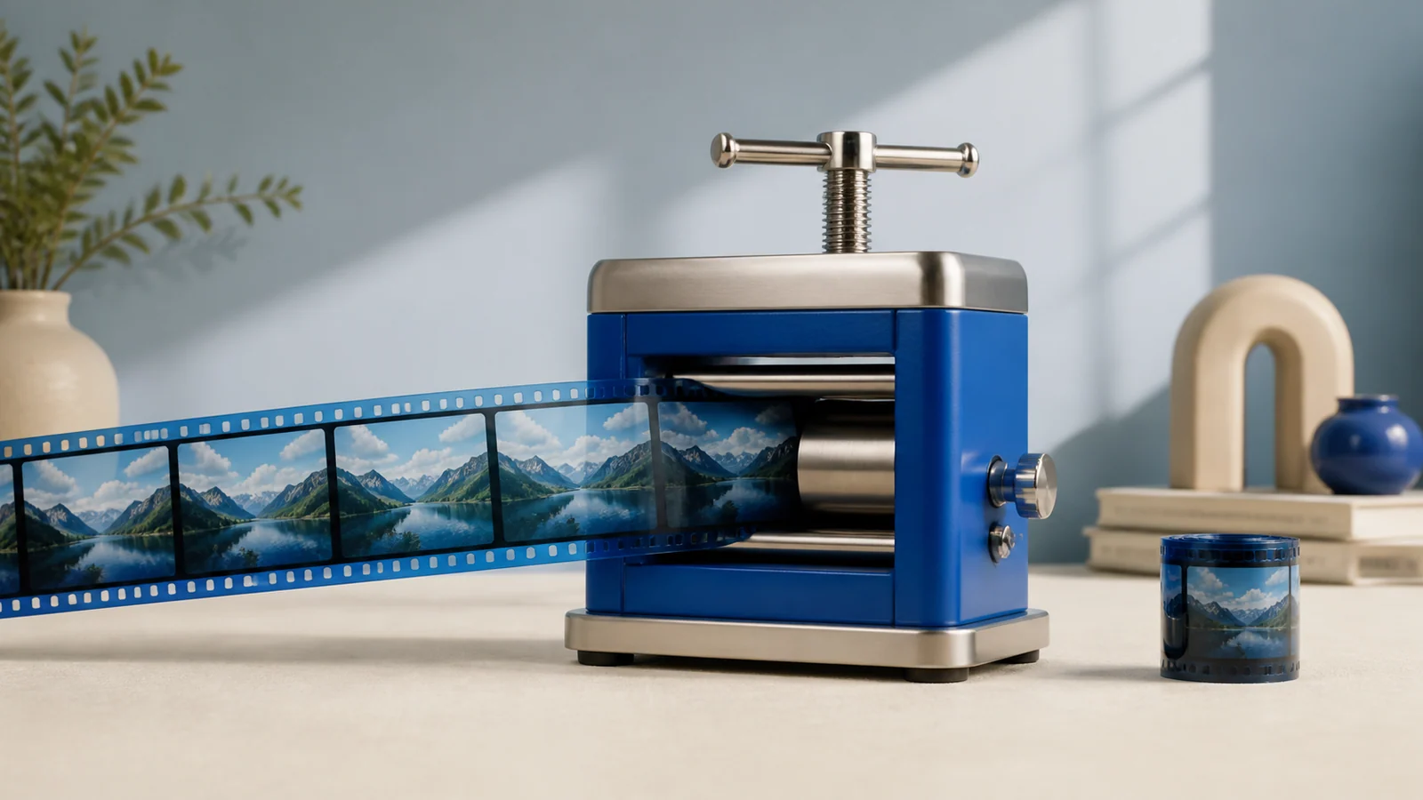 A blue press turning a wide film strip into a compact roll.
