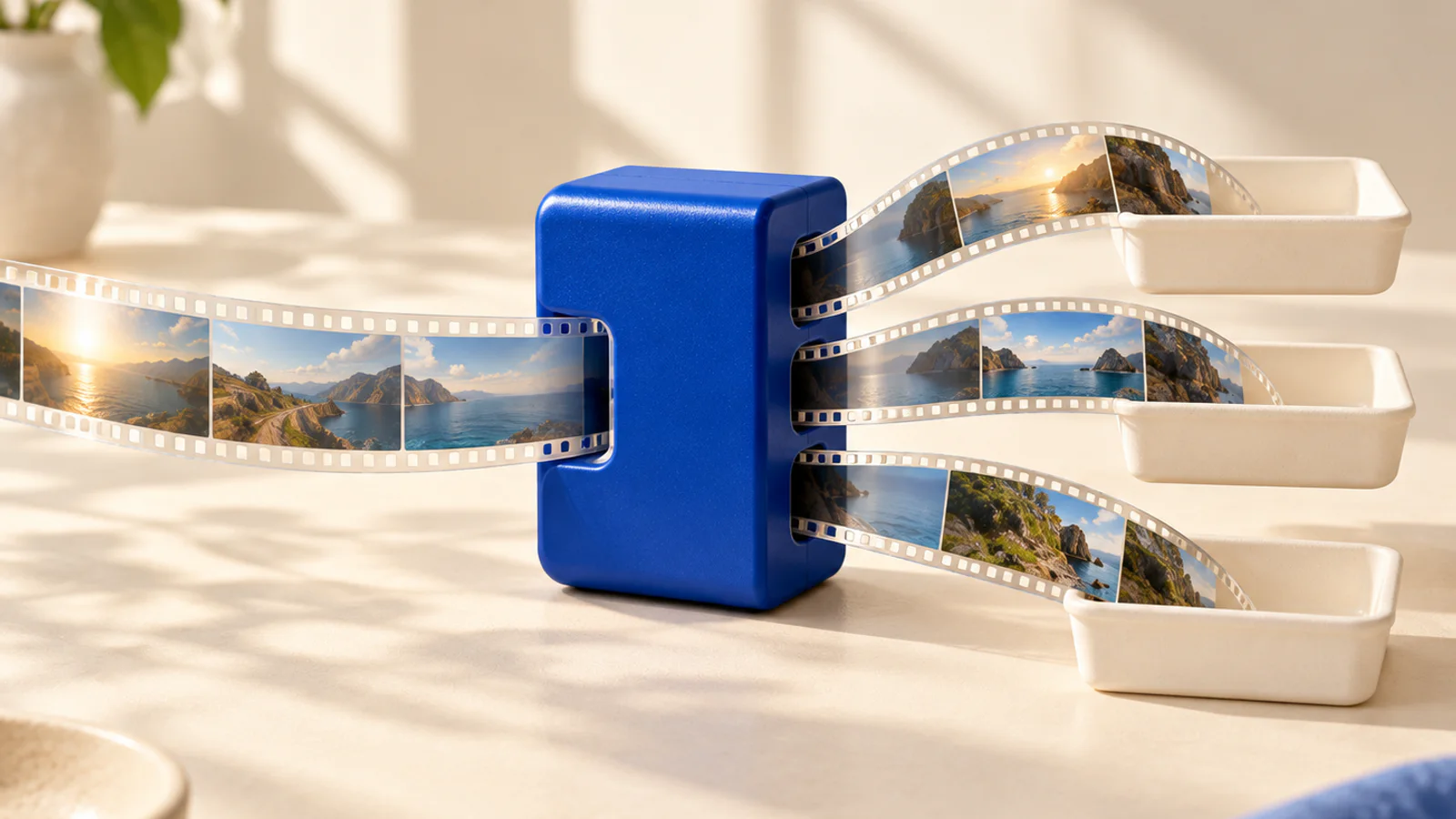 A blue divider turning one film ribbon into three separate strips.